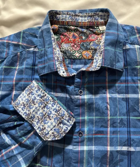 EUC🌟Robert Graham Sport Shirt Sz 2 XL Blue Check Floral Classic Fit Flip Cuff