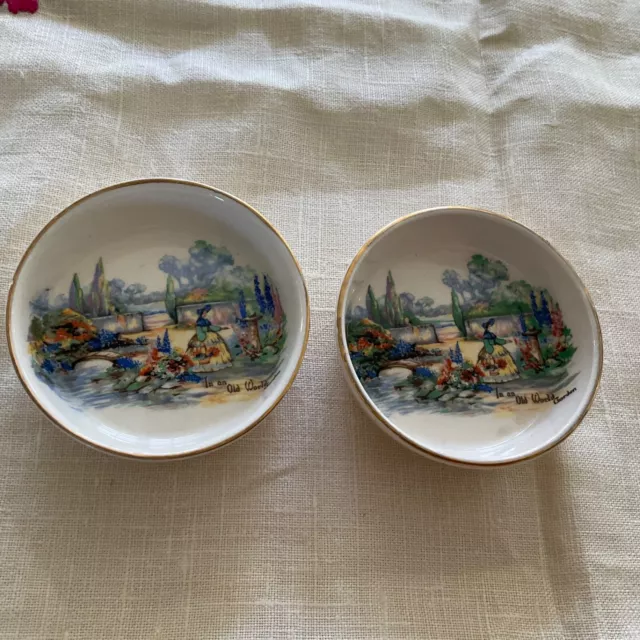 Vintage Lancaster & Sandland 2 round dishes, crinoline lady, olde world garden