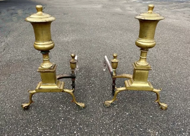 Pr of  heavy antique solid brass fireplace andirons English, early 19th century