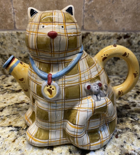 Beautiful Sakura By Debbie Mumm  Hand Painted "Plaid Kitty" Ceramic Teapot