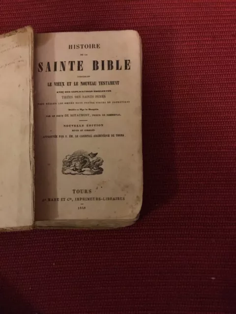 Histoire de la Sainte Bible par S. de Royaumont en 1858 reliure cuir ancienne