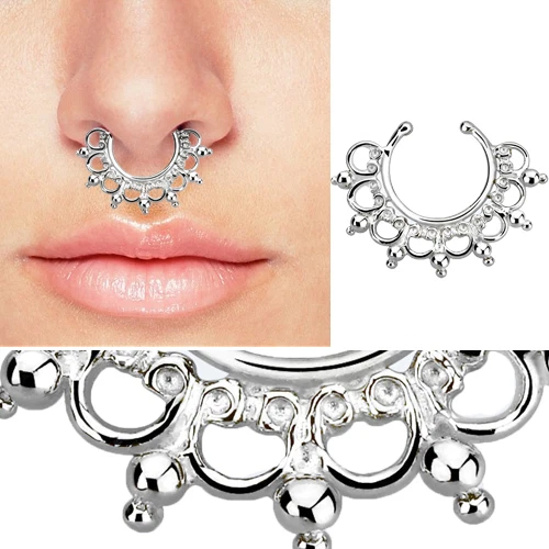 18g (1mm) Silver Antique Elaborate Indian Design Fake Nose Hoop Septum Helix OS