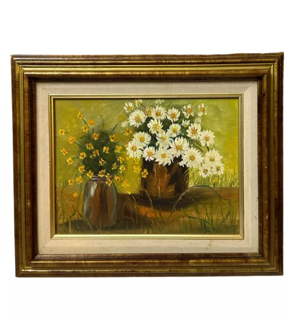 MCM Still Life Yellow And White Floral Daisy Painting Oil On Canvas On Board