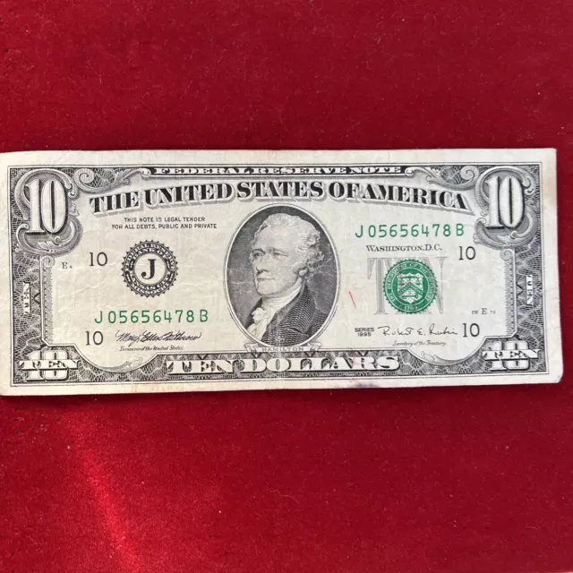 1995 $10 Ten Dollar Federal Reserve Note US Currency Kansas City Missouri