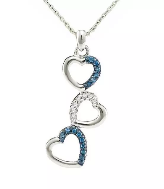 925 Sterling Silver Blue & White Diamond Heart Pendant .17ct Over 1 Inch