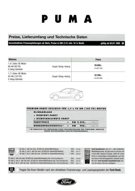 1999 Ford Puma Preislist 5.7.99 Price List Prijslijst Prislist Le Tariff