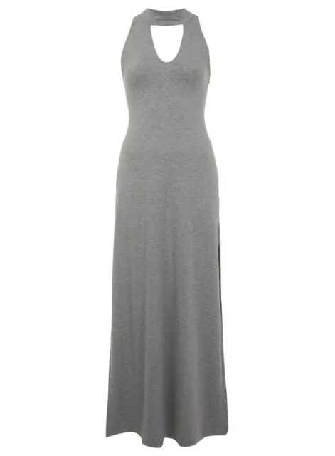 Miss Selfridge UK 10 Grey Turtle Neck Jersey Maxi Dress Slit Side Cut Out Summer