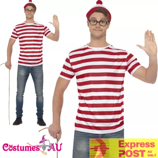 Mens Where's Wally Wheres Waldo Costume Kit Top Hat Glasses Book Week T-Shirt