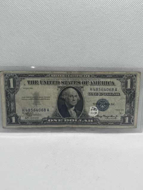 1935 Series One Dollar Blue Seal Note Silver Certificate Old US Bill $1 Money.