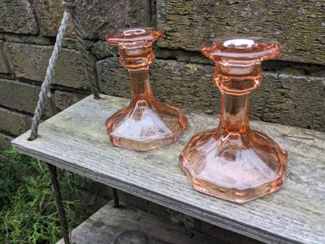 Stunning 1930s Art Deco  Pair of Candle Sticks Crystal Pink Glass 2