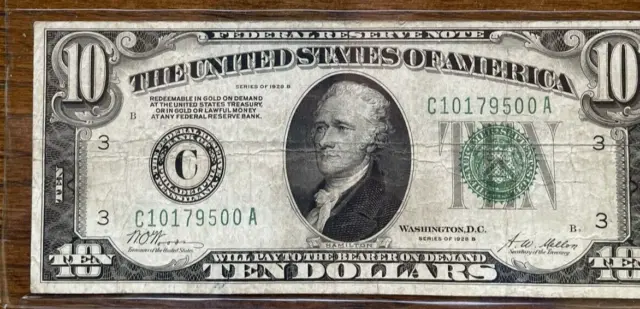 1928 B $10 Federal Reserve Note, Gold Clause,  Phil Scarce, sold as 1 each