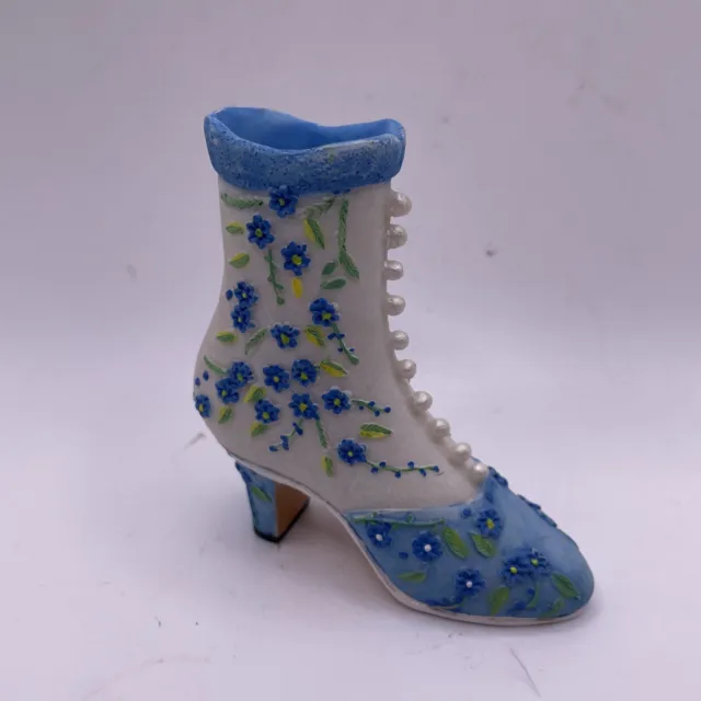 Miniature Ankle Boot Old Style Shoe Blue And White Floral Figurine Marked LT
