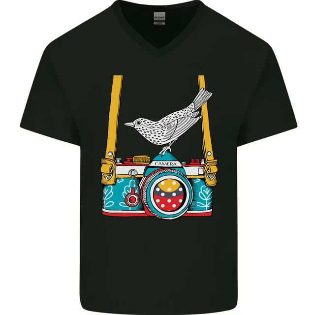 Camera With a Bird Photographer Photography Mens V-Neck Cotton T-Shirt