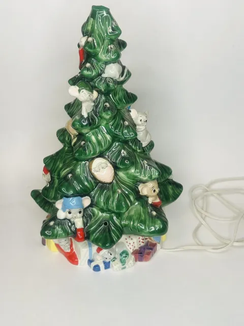 VINTAGE LIGHTED CERAMIC CHRISTMAS TREE WITH MICE  cute presents handmade 14 inch