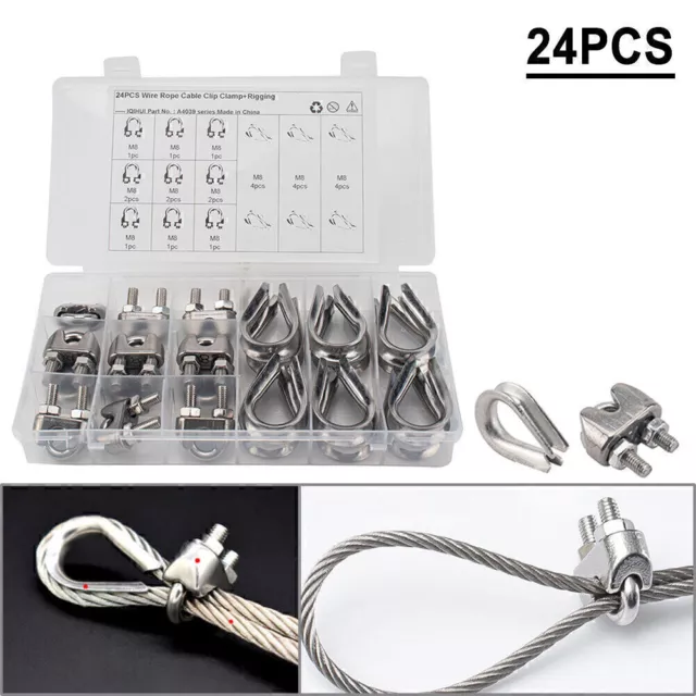 24 Pcs M8 304 Stainless Steel Wire Rope Fixed Clamps with Triangular Ring New