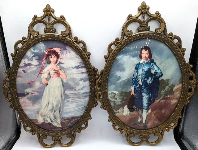 Blue Boy & Pinkie Prints Italy Brass Oval Frames Convex Bubble Glass Vintage