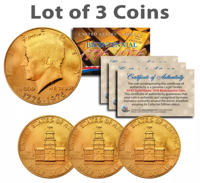 Bicentennial 1976 JFK Kennedy Half Dollar U.S. Coins 24K GOLD PLATED (Lot of 3)