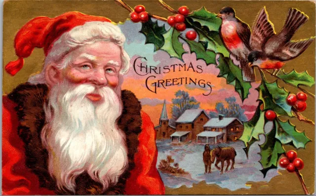Antique Christmas Postcard Santa Red Coat Robin Bird Church Village Winter Scene