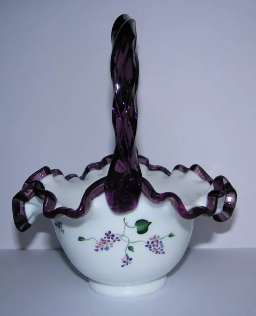 Fenton Basket 1994 Lilacs on Milk Glass Plum Purple Crest and Spiral Handle #738