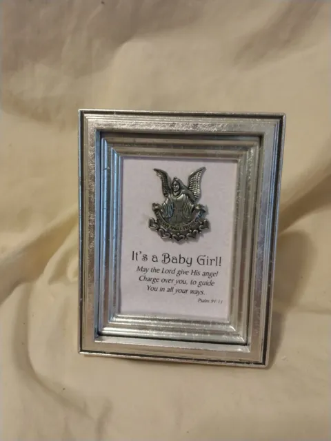 Pewter Guardian Angel It's A Baby Girl Freestanding Picture Frame