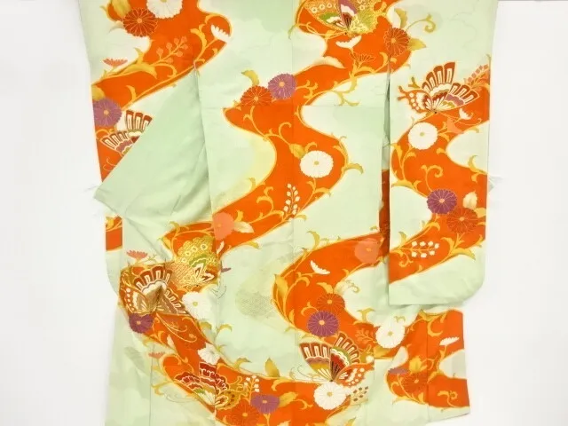 85875# Japanese Kimono / Antique Furisode / Embroidery / Butterfly With Kiku