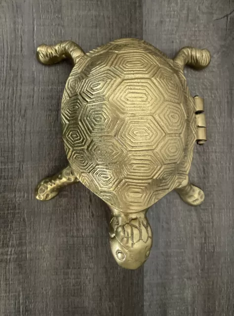 Antique Hinged Lid Solid Brass Turtle Trinket Box Jewerly Holder 9x7 Decorative