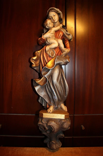 Vtg 26" Wood Hand Carved Our Lady Virgin Mary Madonna Jesus Christ Wall Statue