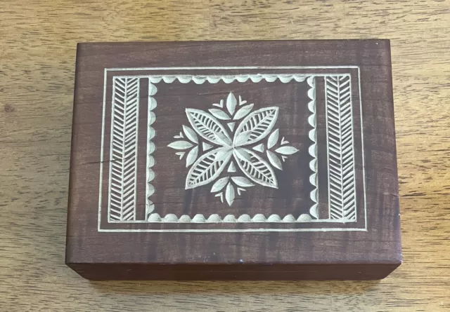 Beautiful Hand Crafted Wood Box with Carved White Inlay, Made In Poland