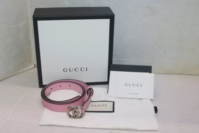 Gucci 409417 GG Marmont Pink Leather Thin Belt Silver Buckle Size 85