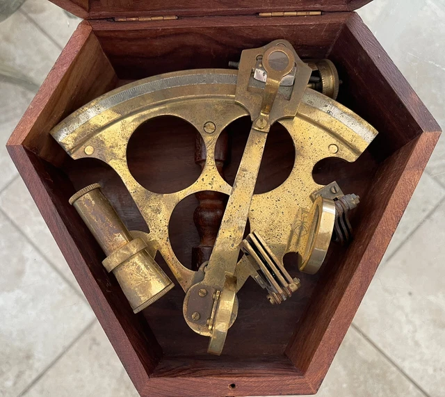 8" Brass Sextant  with Brass Inlay Wooden Box Nautical Decor, Original Patina
