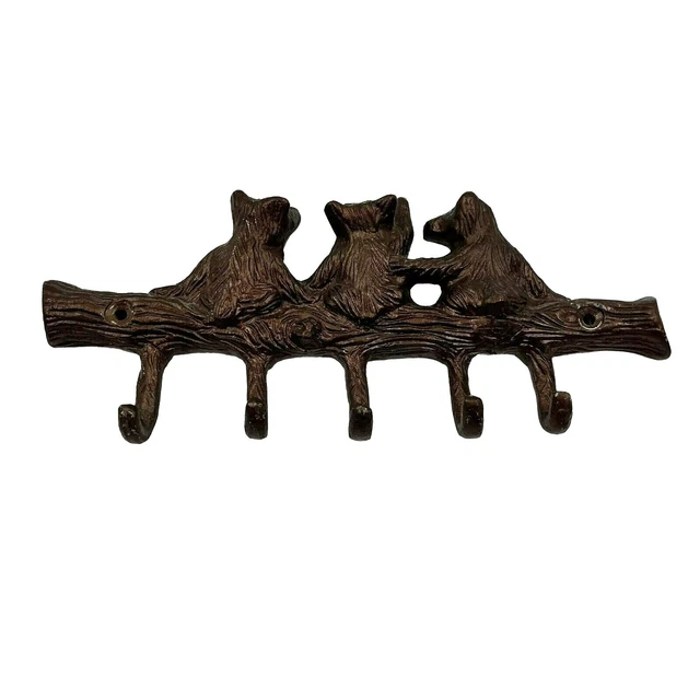 Cast Iron Bear Wall Key Rack Holder 5 Hooks Coat Hook Cubs on Log Rustic Cabin