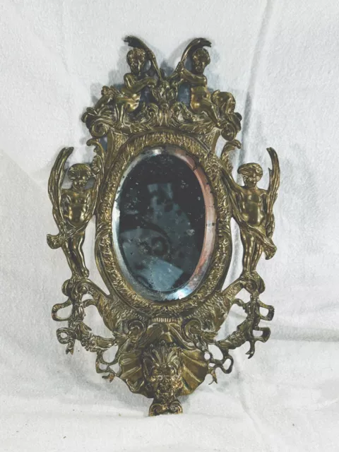 Ancien miroir au mercure biseauté 19eme Chérubin Diablotin laiton