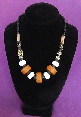 Antique Tribal Bead necklace w Shell and Old Tibetan Glass,Brass, 20 inches