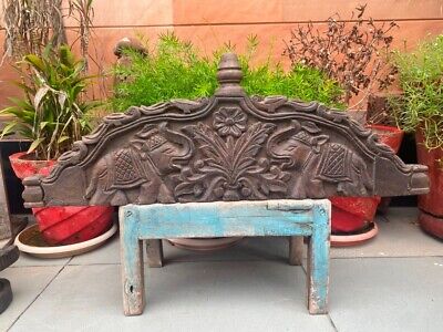 Antique Old Wooden Hand Carved Elephant Figure Floral Arch Shape Wall Panel Rare