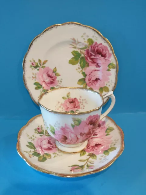 Royal Albert American Beauty Tea Cup, Saucer, Dessert Plate Trio Pink Roses