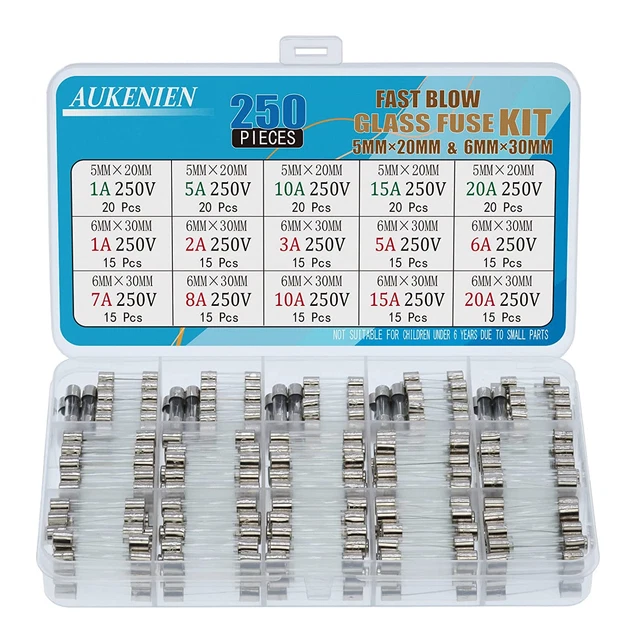AUKENIEN 250 Pièces Fusible En Verre 5 Valeurs 5X20Mm 1A 5A 10A 15A 20A 10 Valeu