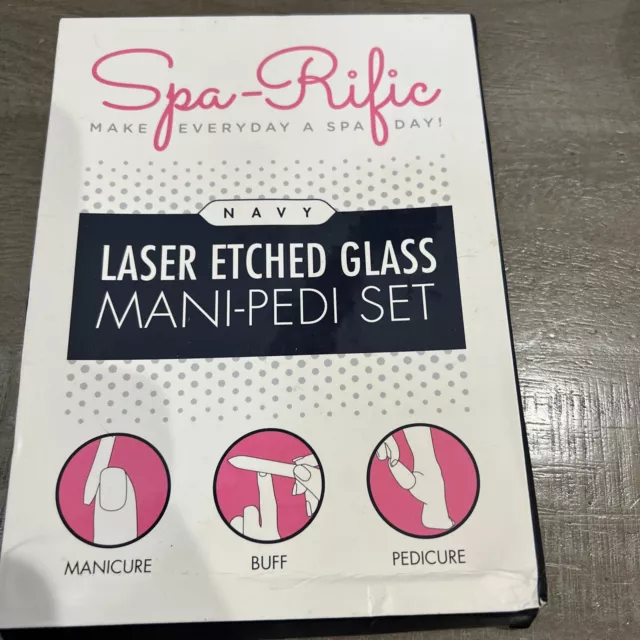Spa-Rific NAVY Laser Etched Glass 2 Piece Mani- Pedi Set distressed OPEN Box
