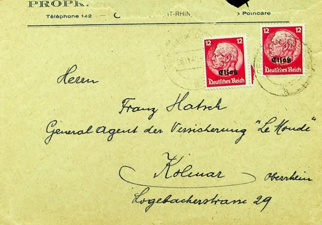 Sephil Deutschland 1940 WWII 2v W / Elsass Ovpt auf Brief Sich Kolmar Frankreich