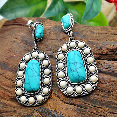 Boho Blue Turquoise Stud Earrings Teardrop Vintage 925 Silver Women Jewelry Gift