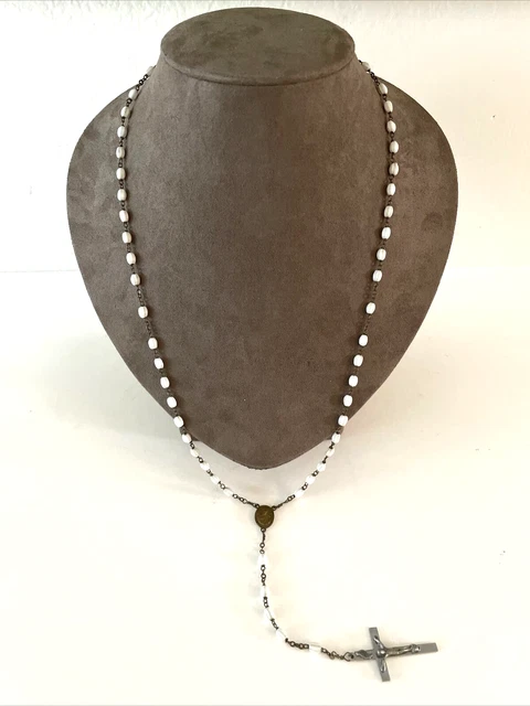 Antique / Vintage White Milk Glass Bead Brass link Rosary w Silver-tone Crucifix