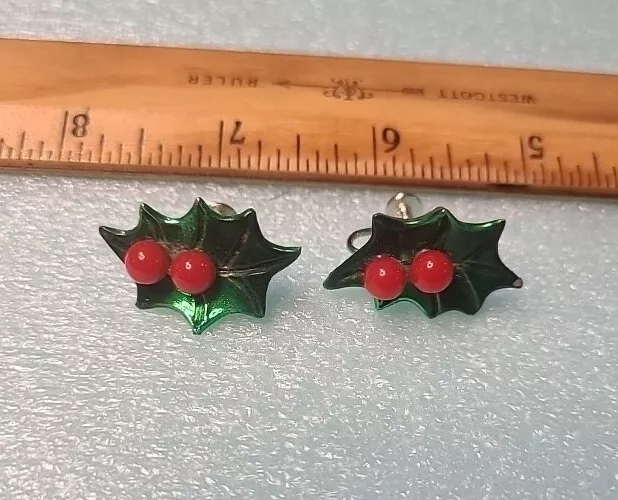 50s 60s MCM CHRISTMAS Earrings Holly Leaf Porcelain Hand Painted Green Red