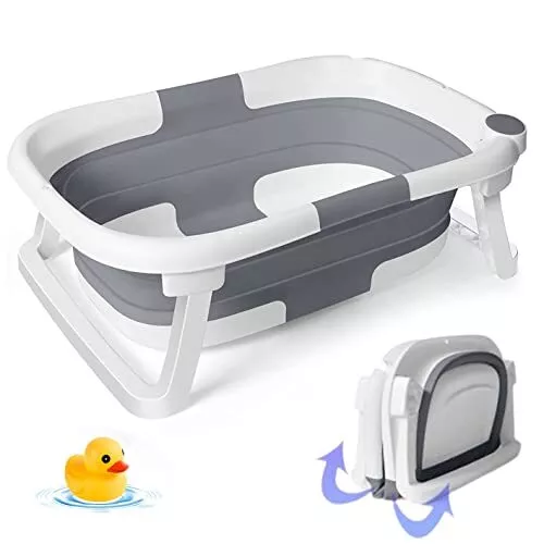 Foldable Baby Bath Tub with Free Baby Bath Toy, Temperature Sensing Drain Plug,