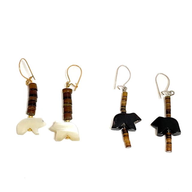 Hand Carved Shell Bear Fetish Earrings 2 Pair White and Black Beaded Artisan