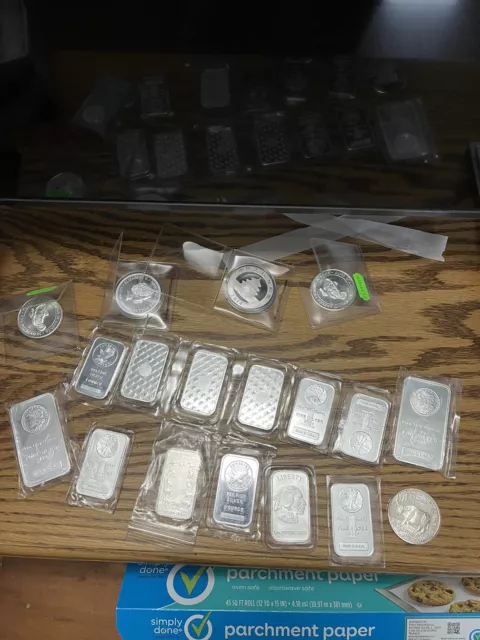 silver bullion bars and coins. Lot of 26 total oz Fine Silver