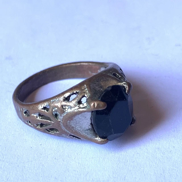 Very Rare Ancient Islamic Ottomans Bronze Engraved Ring With Black Stone
