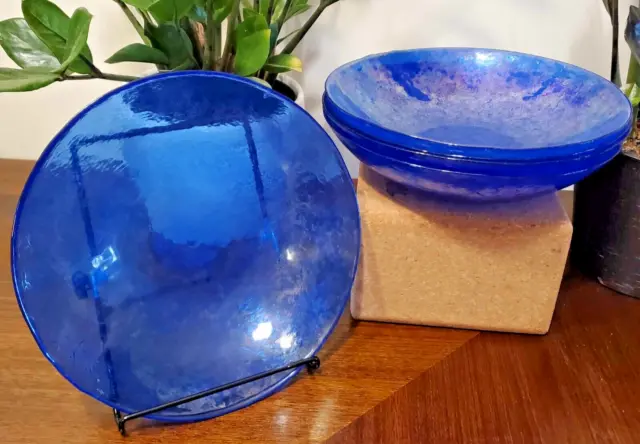 5 Ferro Murano Iridescent Cobalt Blue 8.5" Glass Salad Bowls Signed Italian Made