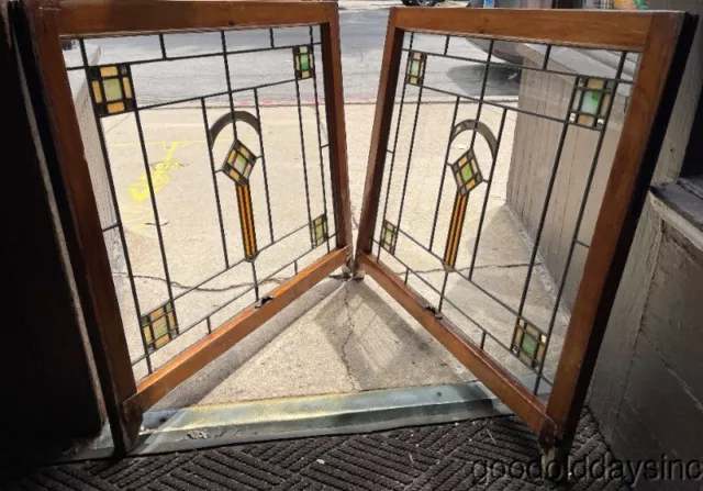 Pair of 1920's Chicago Bungalow Style-Stained Leaded Glass Windows 32" x  34"