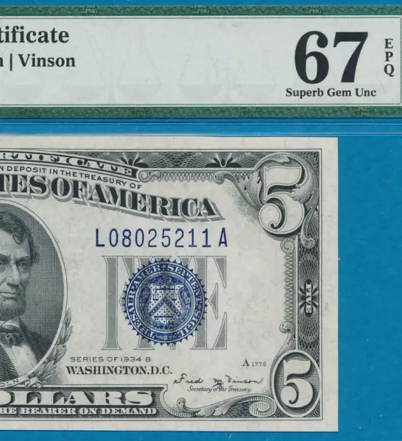 $5.00  1934-B Rare Silver  Certificate Blue Seal  Pmg  Superb Gem New  67Epq