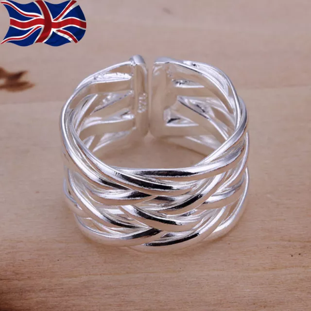 925 Sterling Silver Adjustable Ring Band Weave Thumb Finger Rings Gift UK