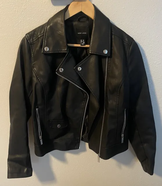 New Look Faux Leather Moto Jacket Women’s Size  6 Black Crop Zip Front Vtg Look